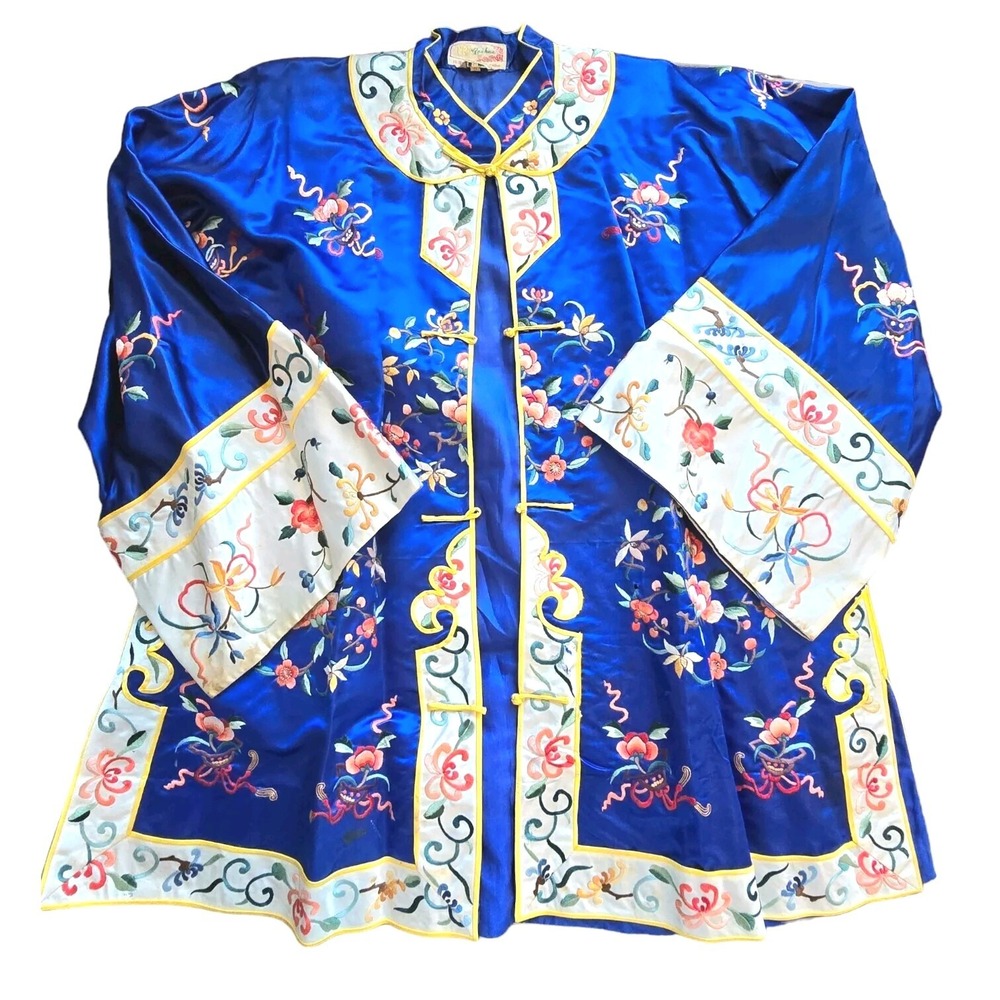 Vintage Silk Kimono Embroidered Jacket Tunic Zai Hua‎ Womens M